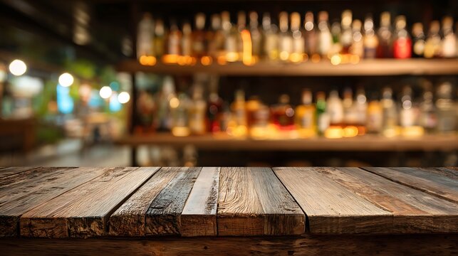 High quality image of empty wooden bar counter with blurred liquor bottles in the background.