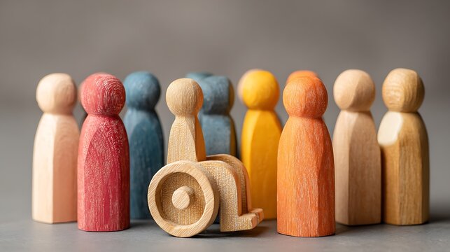 High quality image of diverse group of wooden figures with one in a wheelchair for inclusion concept.