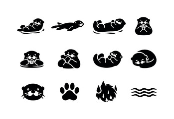 Obraz premium Sea Otter. Solid icon set of Sea Otter: floating otter, swimming otter, otter on back, holding shell, cracking clam, eating fish, playful