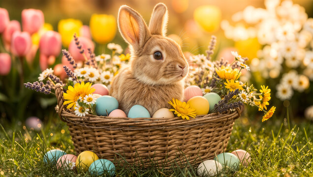 Osterhase im Weidenkorb mit bunten Ostereiern und Fr&uuml;hlingsblumen im Garten bei goldenem Sonnenlicht