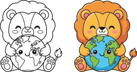 Fototapeta premium Cute Baby Lion Hugging Earth Cartoon Vector Illustration, Happy World Environment Concept