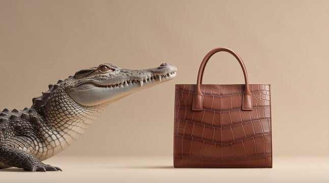 Alligator looking at a brown leather handbag with scale texture. Wildlife animal as a metaphor for exotic material and fashion product.