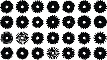 Circular Saw Blade Silhouettes Collection with Various Teeth Shapes Isolated on White Background for Industrial Cutting Tool Design