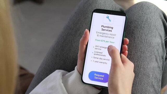 Woman scrolling through licensed plumbing professionals on a mobile app. 24 on 7 emergency maintenance concept. Great for real estate, insurance, and home improvement storytelling. High-resolution