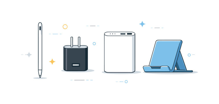 Minimalist Tech Accessories. Modern tech accessories set. Simple tech items like stylus, charger, portable battery, and tablet stand displayed symmetrically,