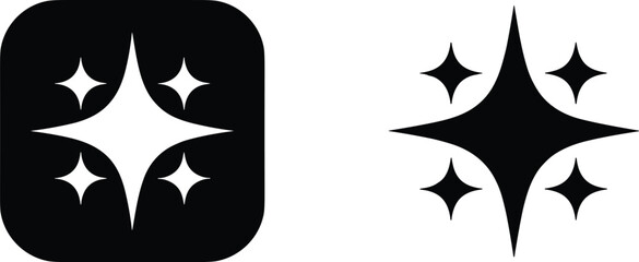 Black and white geometric sparkle star icons representing premium quality magic shine and artificial intelligence interface elements in minimalist style © MdJillur