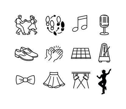 Swing dance basics. Line icon set of Swing dance basics: dancing couple, swing step footprints, music note, vintage microphone, dance shoes,