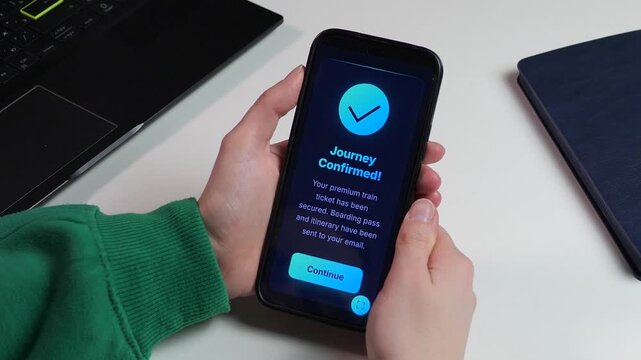 Securing Train Reservation via Smartphone Close-up. Close-up of hands holding a smartphone with a successful train ticket booking screen. Modern app interface for premium travel. Perfect for tourism