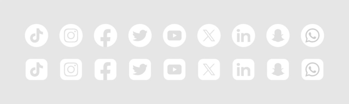 Social media logos in white circles and squares, popular social media icons collection, vector button set 2026