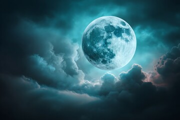 Obraz premium Celestial Luminescence with Full Moon Radiating Through Mystical Turquoise Cloudscapes