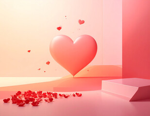 Bright minimal Valentine background with a large heart balloon, scattered rose petals and warm pastel gradient, copy space.
