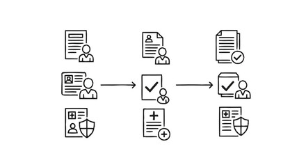 Document processing workflow with icons representing data and verification.