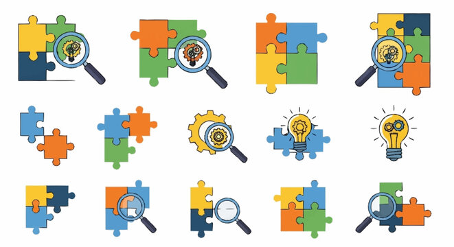 Colorful Jigsaw Puzzles with Magnifying Glasses.