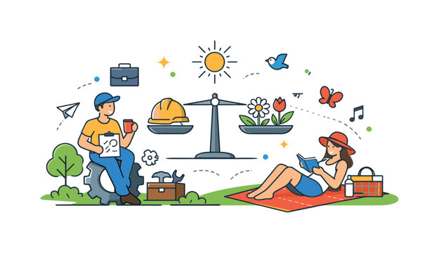 Labor Day spring concept people enjoying a relaxed day off in a park with light work symbols and spring greenery, expressing balance between