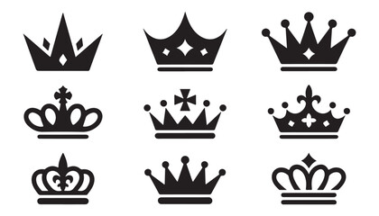 Decorative royal crowns set featuring elegant fleur de lis and religious cross symbols for branding © Lover