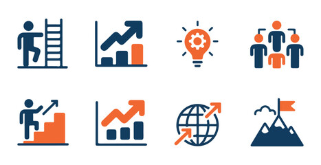 Fototapeta premium Corporate growth and innovation concept icons set with flat blue and orange vector graphic elements