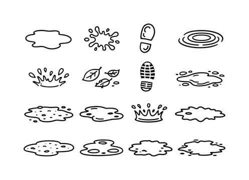 Muddy Puddle. Line icon set of Muddy Puddle: irregular puddle shape, mud splatter, footprint impression, ripple rings, splash drops, leaf
