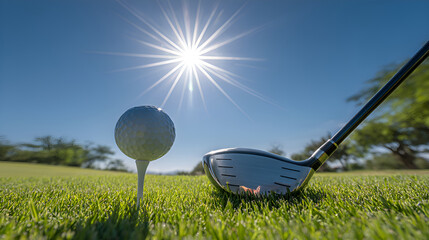 Golf ball on tee with club preparing for swing