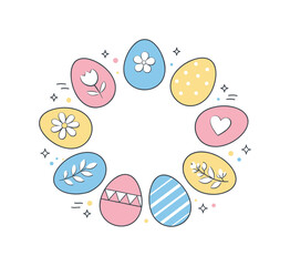 Painted eggs pastel. Top-down view of pastel colored eggs arranged in a circular pattern with subtle floral and geometric decorations. The