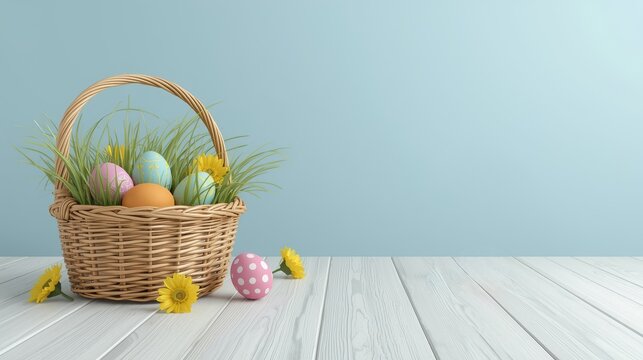 Cesto di Pasqua in vimini con uova colorate e fiori gialli su tavolo. Generative AI 