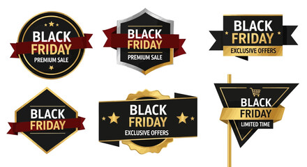 Obraz premium Black friday sale badges with ribbons and text isolated on white