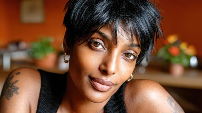 A woman with short hair and a black tank top is smiling. She has a tattoo on her arm and is wearing earrings