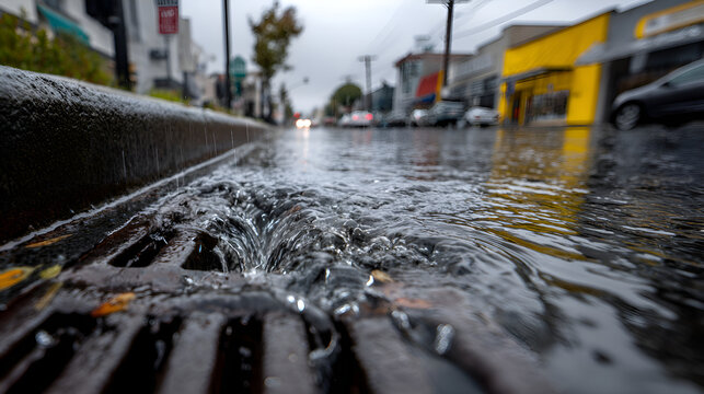 Rainwater draining into a street sewer during urban storm