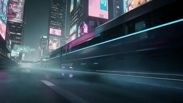 Futuristic train traveling through neon cyberpunk city streets at night