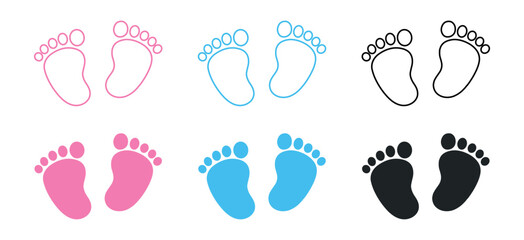 Baby footprint icon set in pink blue and black colors, outline and solid newborn feet silhouettes, cute flat child symbol collection isolated on transparent background
