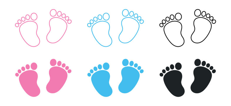 Baby footprint icon set in pink blue and black colors, outline and solid newborn feet silhouettes, cute flat child symbol collection isolated on transparent background