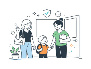 Trusted childcare support. Parent confidently leaving a child with a friendly babysitter at the door. Reassuring scene about reliability,