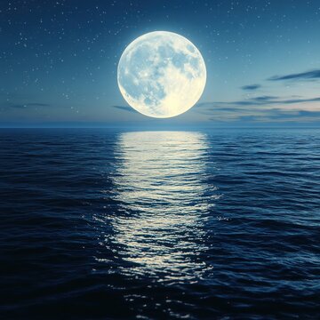 Moonlight dances on calm ocean waves under a starlit night sky