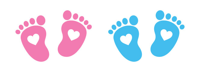 Baby footprint icon set with heart symbol, pink and blue newborn feet silhouettes, cute flat child illustration isolated on transparent background