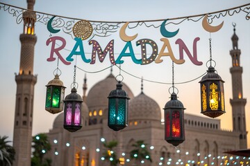 Ramadan decorations with illuminated lanterns and a mosque at dusk