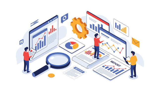 Business analysts use magnifying glasses and digital screens to examine complex data reports and colorful statistical charts.