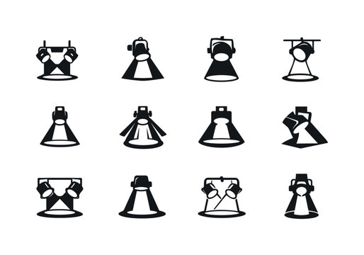 Spotlight Logo Variations. Spotlight shining on stage. Icon set. Set Logo of Spotlight shining on stage: overhead stage light fixture. harmonious