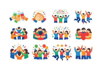 Fototapeta premium Celebrating Together. Colorful flat vector icons set of Celebrating Together: group cheers icon, clapping hands circle, fireworks behind
