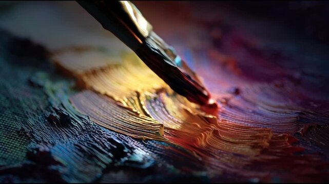 Close-up of a paintbrush creating vibrant strokes of oil paint on a canvas.