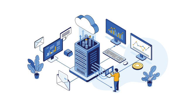 Cloud computing and data center management illustration with man monitoring server racks and network performance charts on multiple screens.