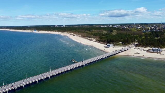 Aerial view of Palanga, Lithuania, showcasing the Baltic Sea. A long wooden pier extends into the dark blue waters, turning to create an L-shape. The shoreline features calm waves