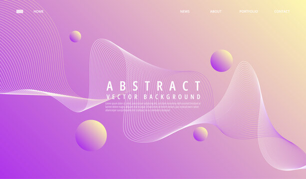 Vibrant purple and yellow gradient abstract vector background featuring flowing white line waves and floating geometric spheres design elements