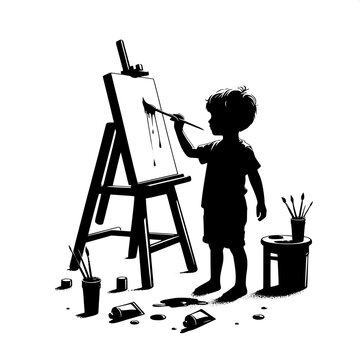 Black and White Vector Silhouette of a Boy Painting on an Easel
