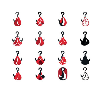 Meat department. Icon set. Set Logo of meat department: hanging meat hook. harmonious logo variations of the same emblematic concept, each