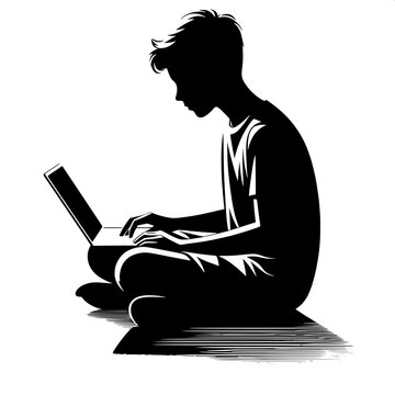 Black and White Vector Silhouette of a Boy Using a Laptop