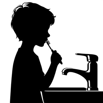 Black and White Vector Silhouette of a Boy Brushing Teeth