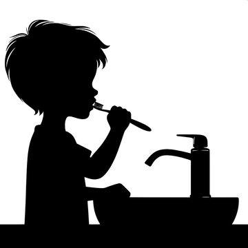 Black and White Vector Silhouette of a Boy Brushing Teeth