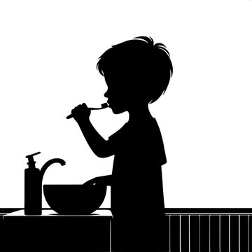 Black and White Vector Silhouette of a Boy Brushing Teeth