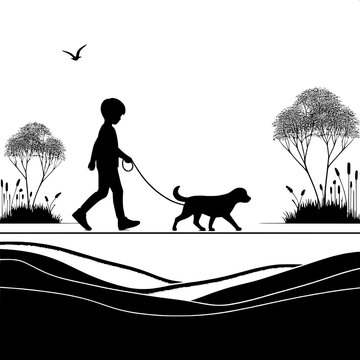 Black and White Vector Silhouette of a Boy Walking a Dog