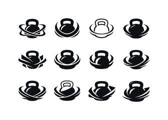    resistance training. Icon set. Set Logo of resistance training: kettlebell and motion arcs. harmonious logo variations of the same emblematic