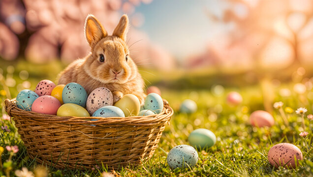 Osterhase im Korb mit bunten Ostereiern auf bl&uuml;hender Fr&uuml;hlingswiese im warmen Sonnenlicht